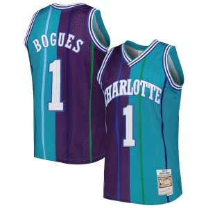 Bonito Fácil de llevar Cool Muggsy Bogues Charlotte Hornets Hardwood Classics 1992/93 Split Swingman Jersey Teal/Purple  para la gran final
