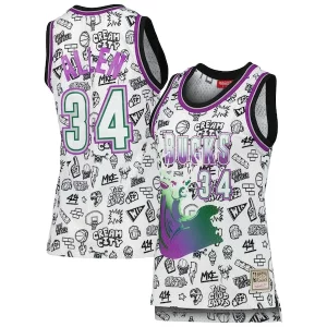 Hermoso Chulo Fácil de llevar Ray Allen Milwaukee Bucks Women's 1996 Doodle Swingman Jersey White  para la gran final