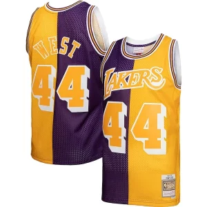 Sofisticado Jerry West Los Angeles Lakers Hardwood Classics 1971/72 Split Swingman Jersey Purple/Gold  para la gran final