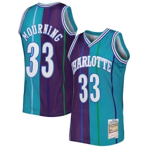 Bonito Ideal Alonzo Mourning Charlotte Hornets Hardwood Classics 1992/93 Split Swingman Jersey Teal/Purple  para la gran final