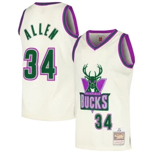 Comodo Estupendo Ray Allen Milwaukee Bucks Chainstitch Swingman Jersey Cream  para la gran final